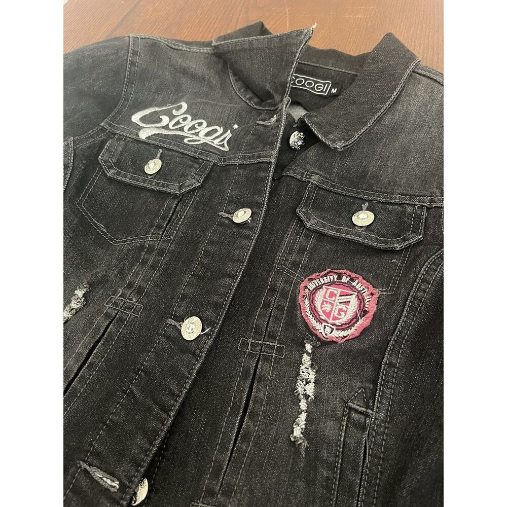 Kids Girls Youth Coogi Black Distressed Denim Jean Jacket Embroidered Sz M MINT